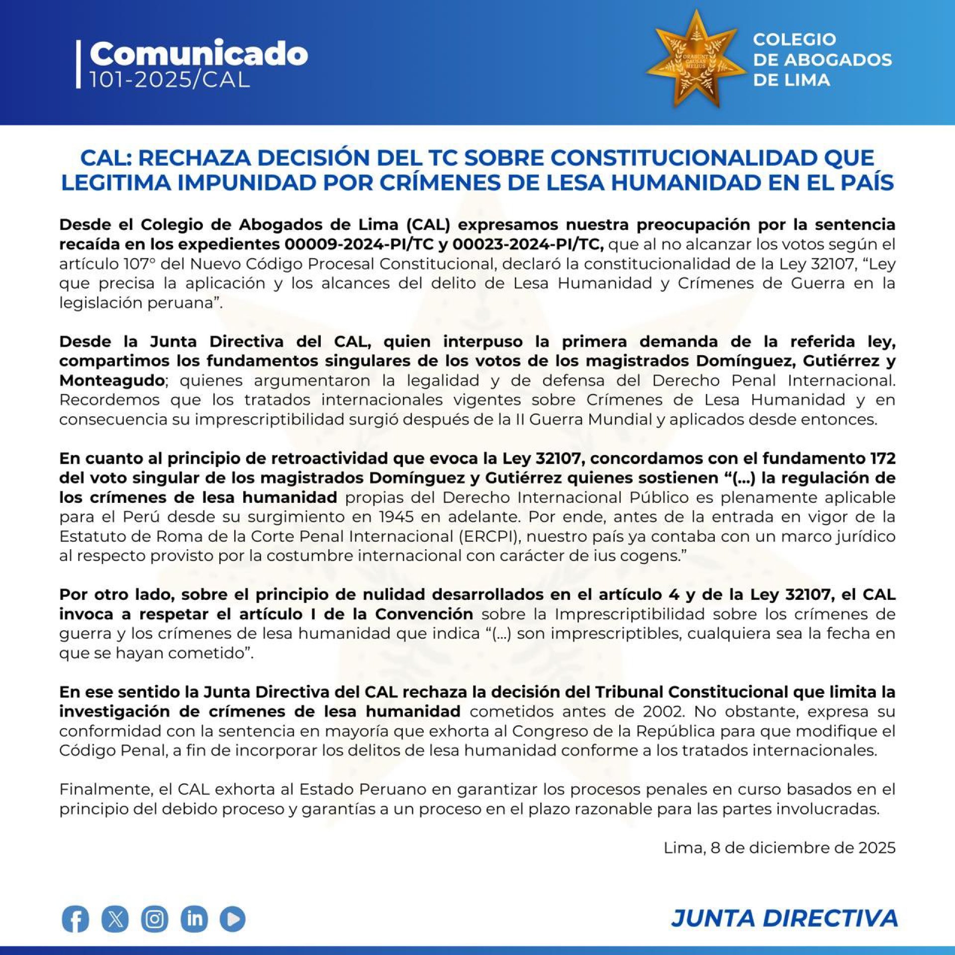 Comunicado oficial del Colegio de Abogados de Lima donde expresan preocupación por sentencia del TC.