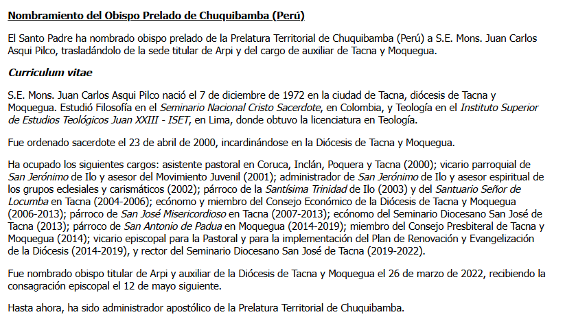 Juan Carlos Asqui Pilco es obispo prelado de la Prelatura Territorial de Chuquibamba