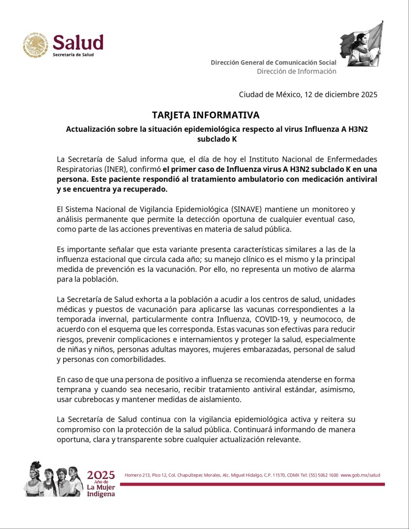 Pronunciamiento del Gobierno de México ante el primer caso de la 'supergripe' H3N2.