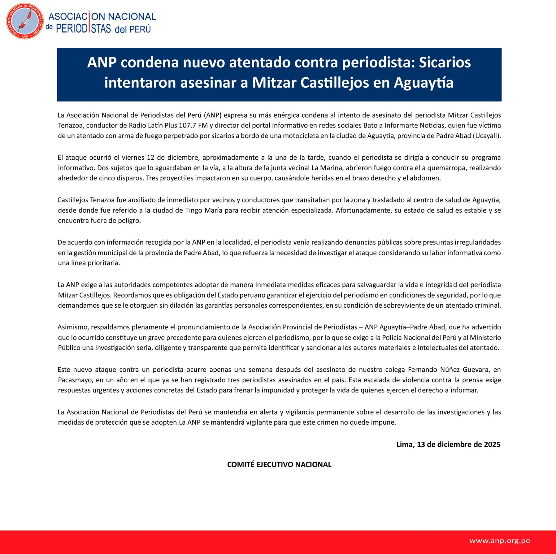 Comunicado de la Asociación Nacional de Periodistas del Perú (ANP)