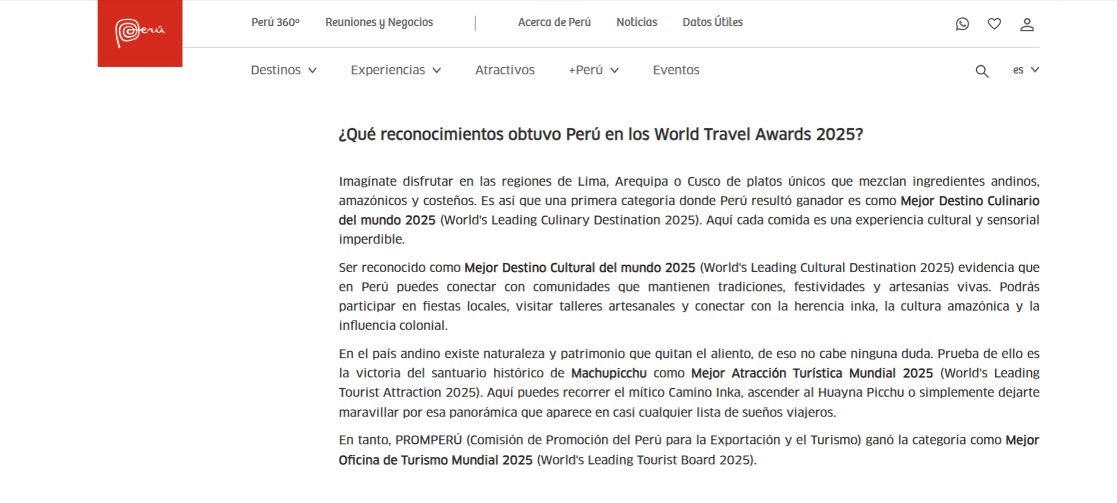 Promperú destaca galardón de Machu Picchu