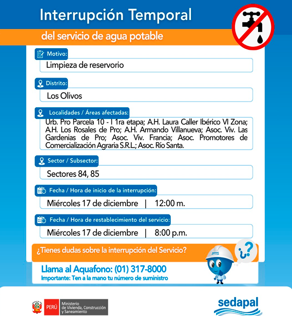 Sedapal anuncia corte de agua en Los Olivos.