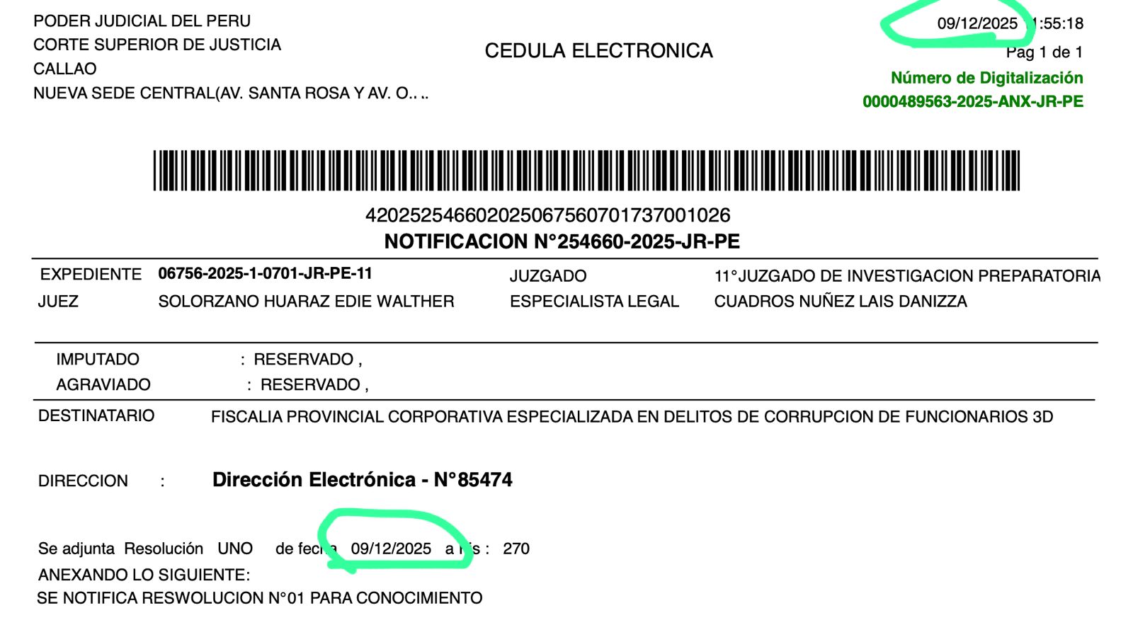 Notificación del PJ sobre captura de Ciro Castillo y otros