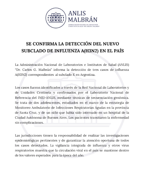 Comunicado confirm� llegada de 'supergripe' en Argentina