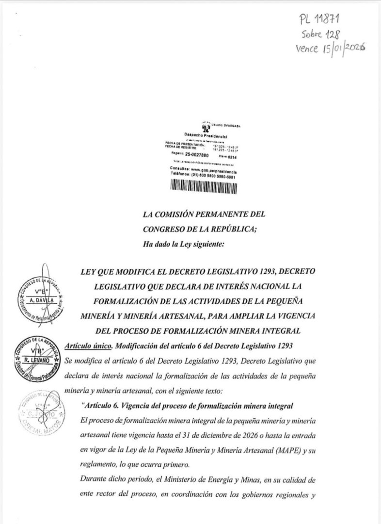 Autógrafa de ley que amplía en Reinfo