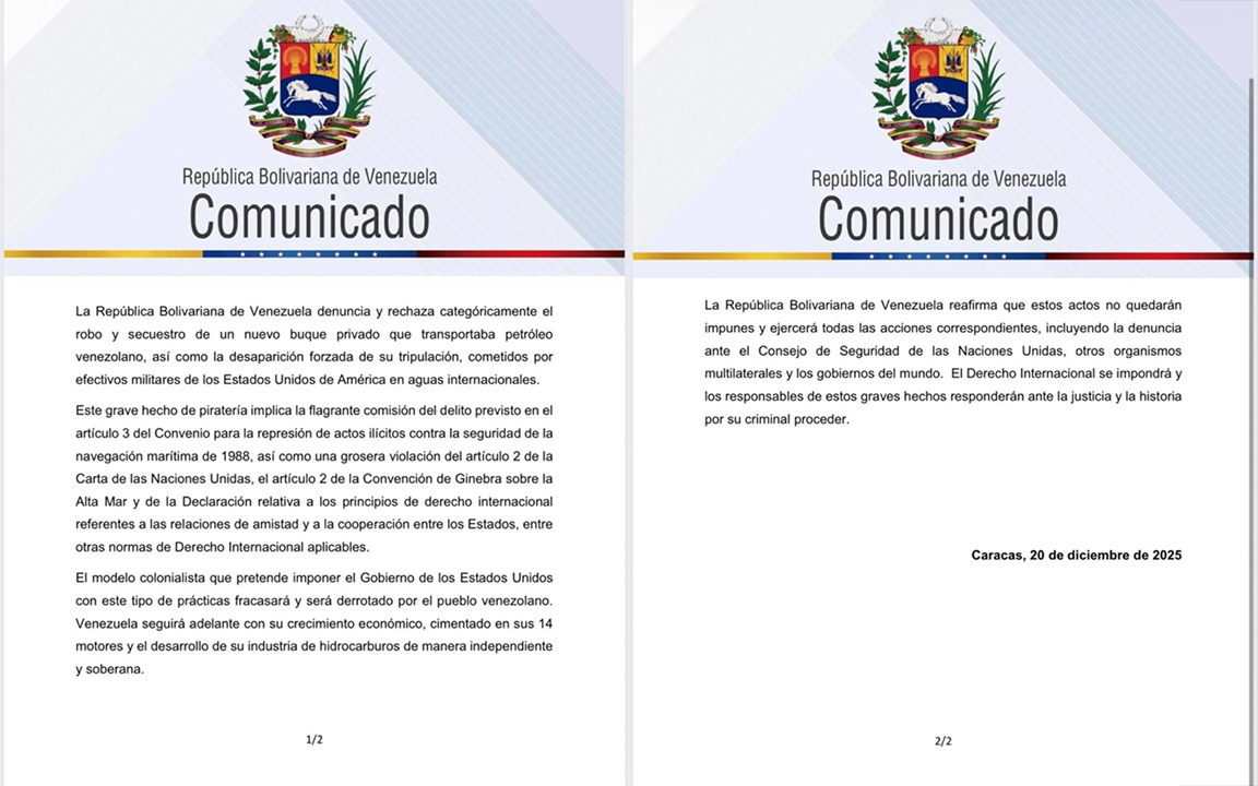 Comunicado del gobierno venezolano tras la incautaci�n del primer nav�o petrolero.