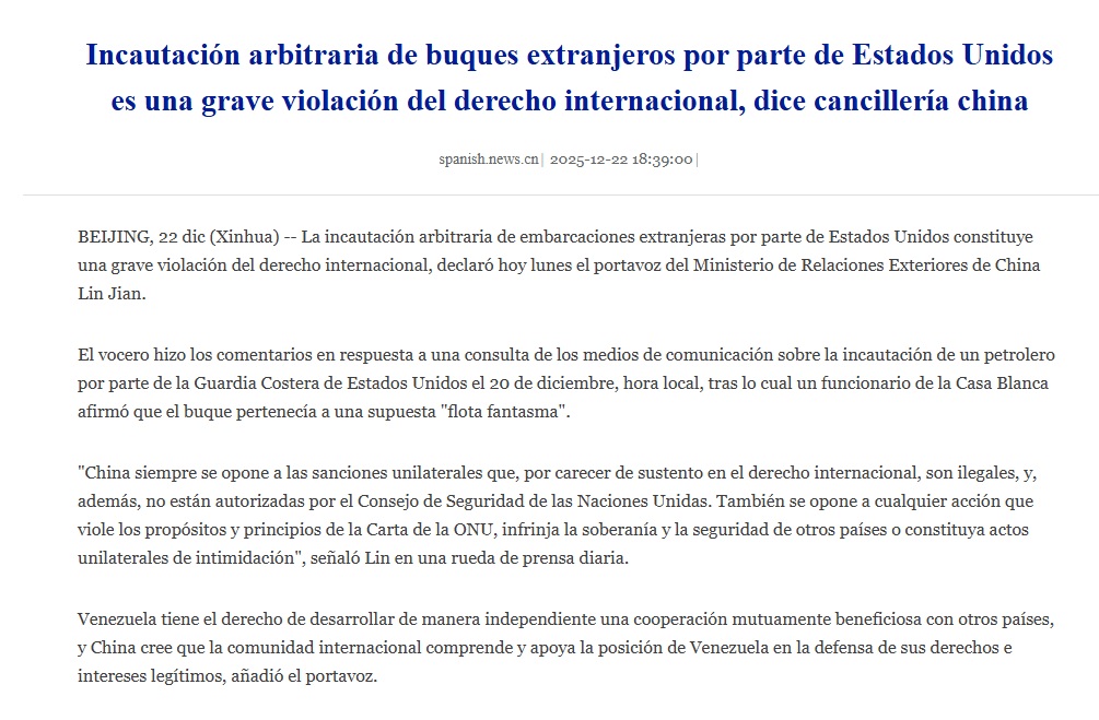 Pronunciamiento del gobierno chino compartido por la agencia de prensa estatal.