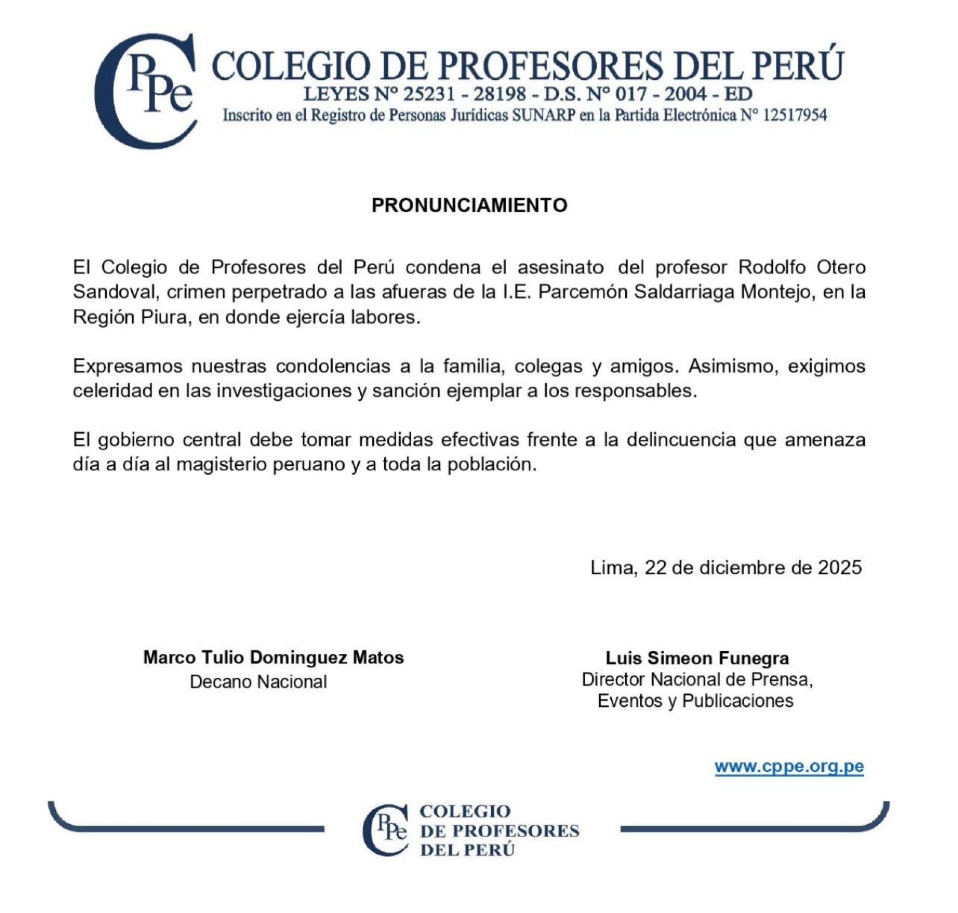 Comunicado del Colegio de Profesores del Per�