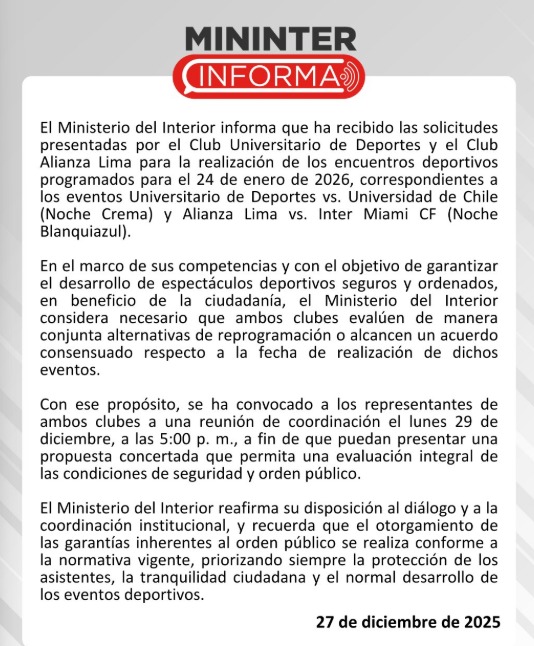 Mininter se pronunci� sobre Noche Crema y Blanquiazul 2026.