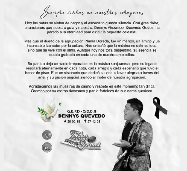 Zafiro Sensual anuncia la p�rdida de Dennys Quevedo, en Piura.