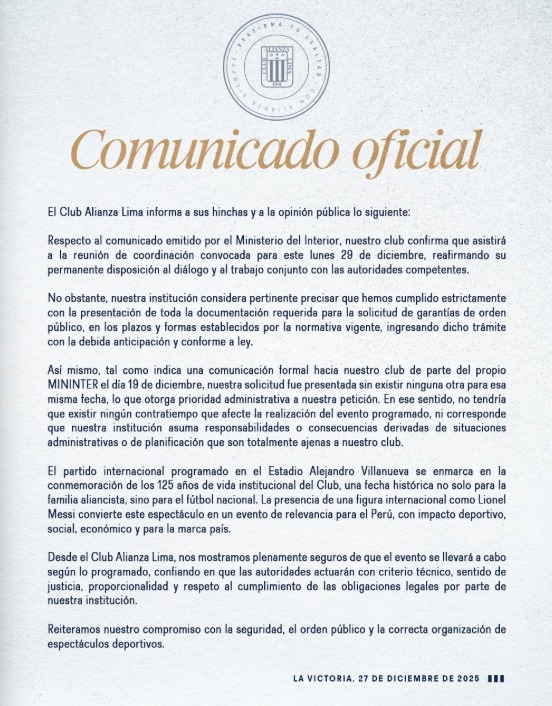 Alianza Lima y su comunicado sobre la Noche Blanquiazul 2026.