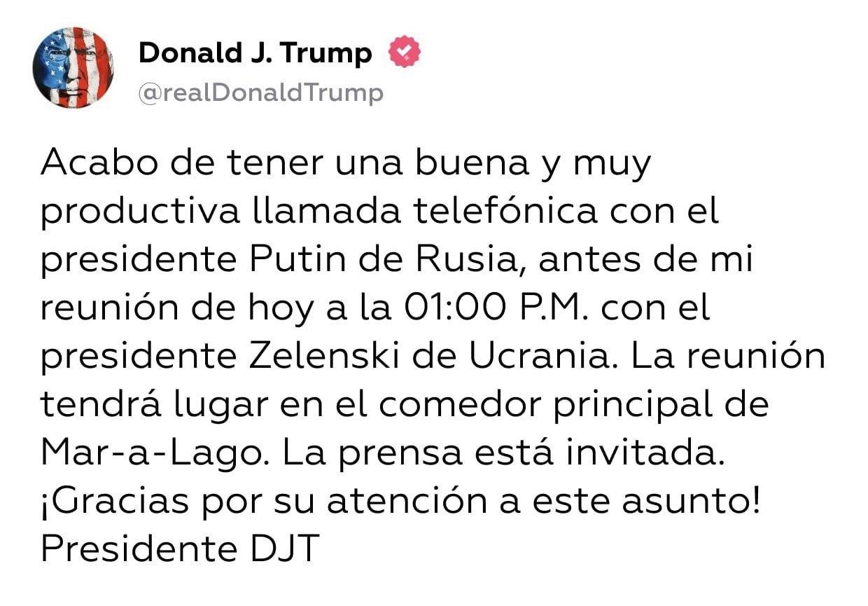 Trump se�ala que llamada con Putin fue "muy productiva" para el acuerdo de paz.