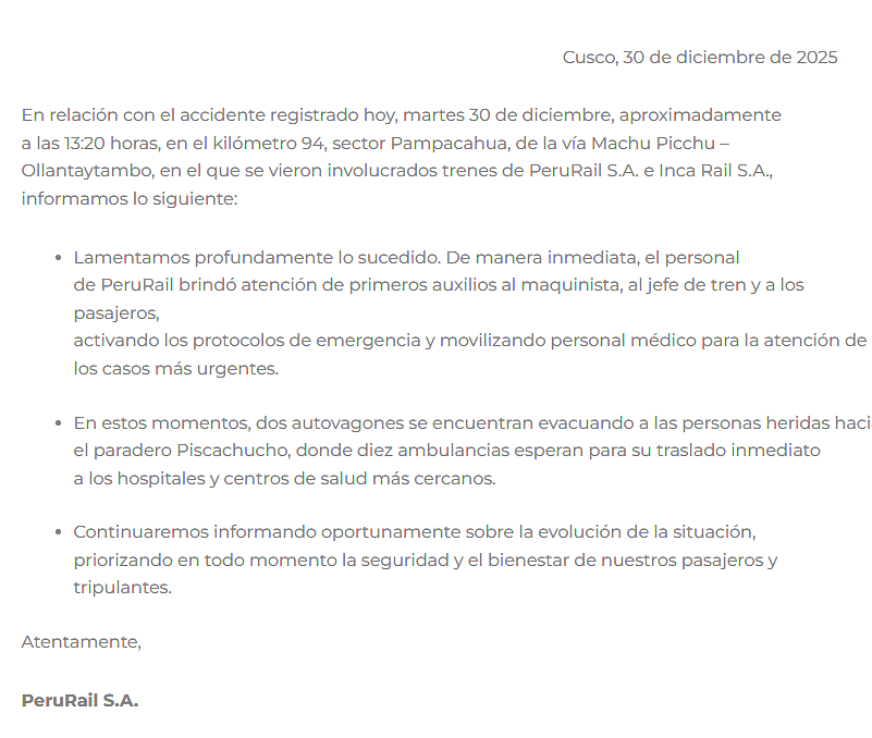 Comunicado de PeruRail
