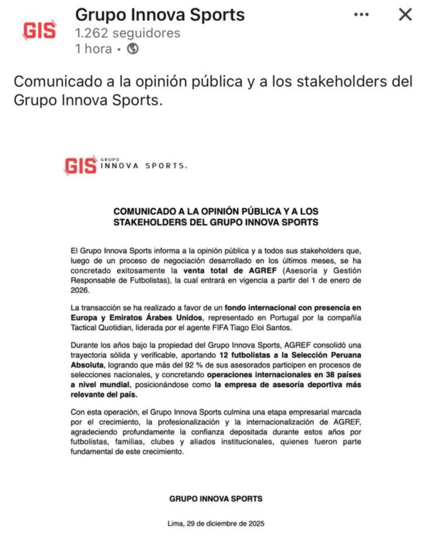 Comunicado de Innova Sports anunciando la venta de AGREF.