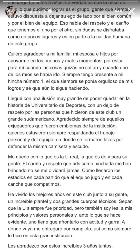 Rodrigo Ure�a se despidi� de Universitario con emotivo mensaje.