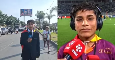 'Pol Deportes' pas de narrar en un cerro al Estadio Nacional de Lima.