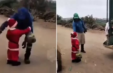 Ni�o regala panetones a trabajadores de limpieza