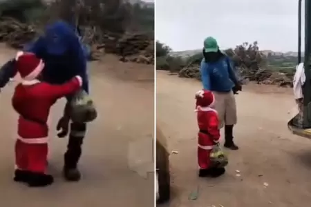 Ni�o regala panetones a trabajadores de limpieza