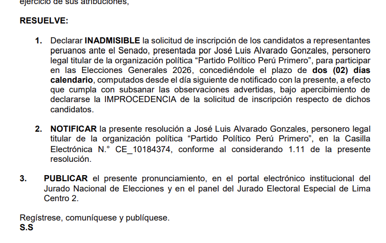 JEE declara inadmisible postulaci�n al Senado.