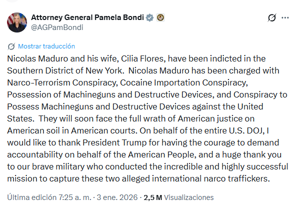 Mensaje de la fiscal general de Estados Unidos, Pamela Bondi, tras captura de Nicol�s Maduro.