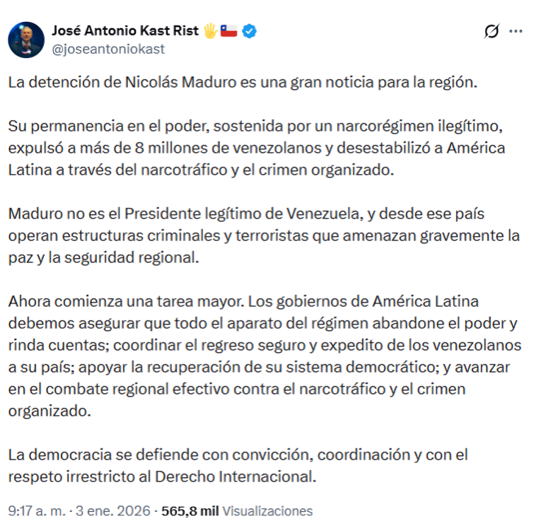 Jos� Antonio Kast se pronuncia tras detenci�n de Nicol�s Maduro