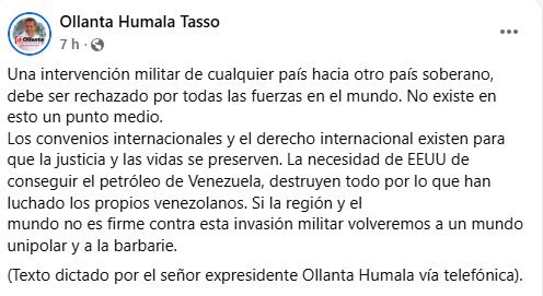 Ollanta rechaza ataque de EE.UU. a Venezuela
