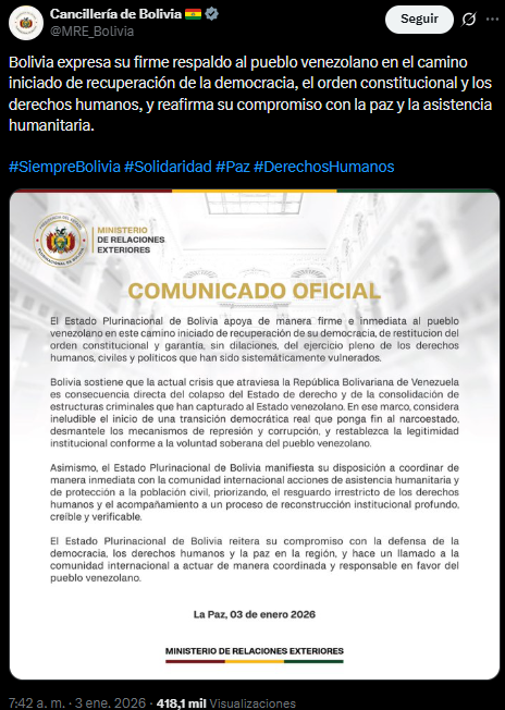 Pronunciamiento de Bolivia sobre captura de Nicol�s Maduro.