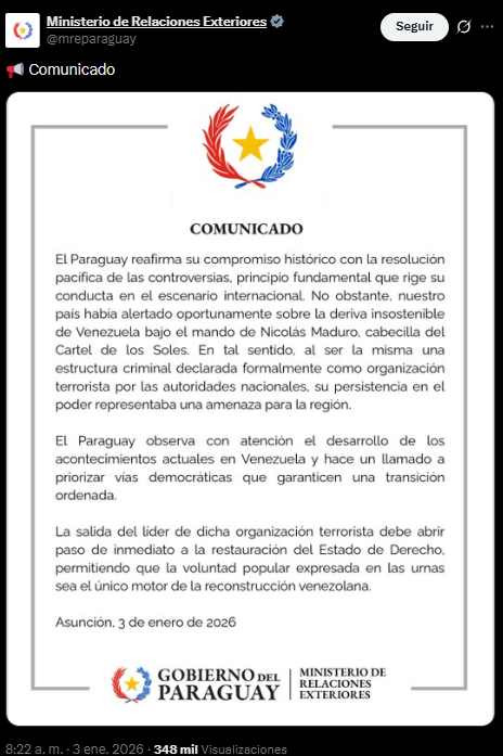 Paraguay respald� ataque militar estadounidense en Venezuela.