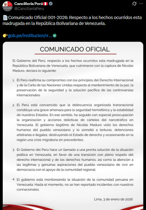 Gobierno peruano se pronuncia a favor de acontecimientos en Venezuela.