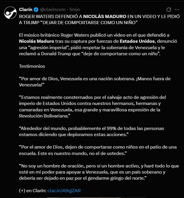 Comentarios de Roger Waters sobre la detenci�n de Nicol�s Maduro.