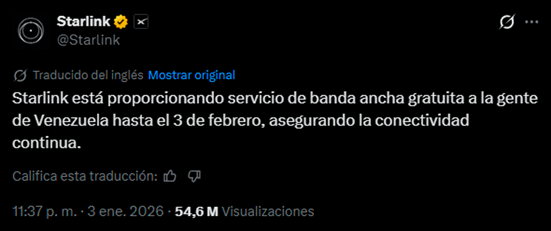 Anuncio se dio a trav�s de la cuenta oficial de Starlink.