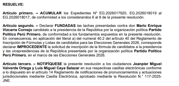 JEE declara improcedente inscripci�n de plancha presidencial de Per� Primero