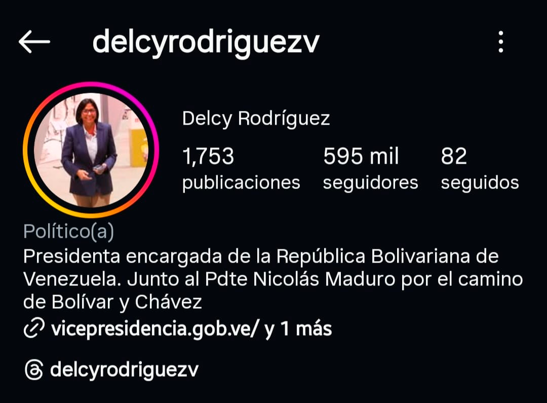 Perfil en Instagram de Rodr�guez figura con el cargo de presidenta junto a Maduro.