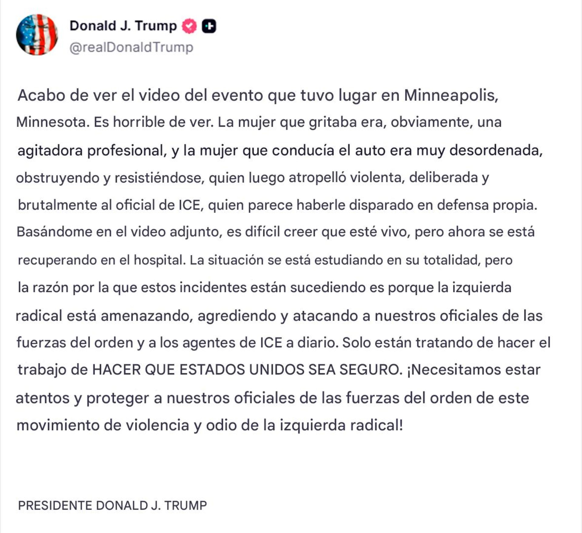 Donald Trump reacciona al tiroteo de Minneapolis.
