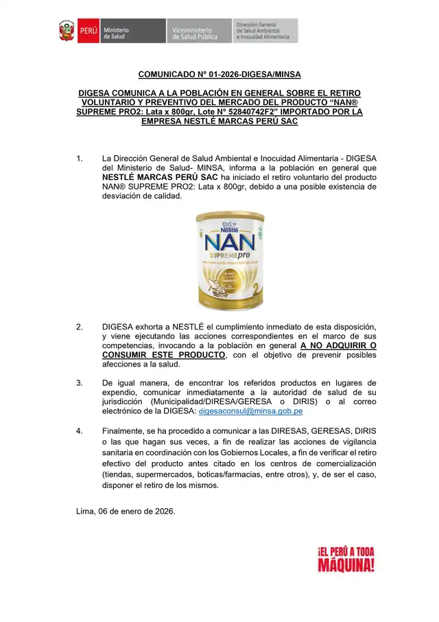 Informan sobre retiro de leche infantil NAN SUPREME PRO