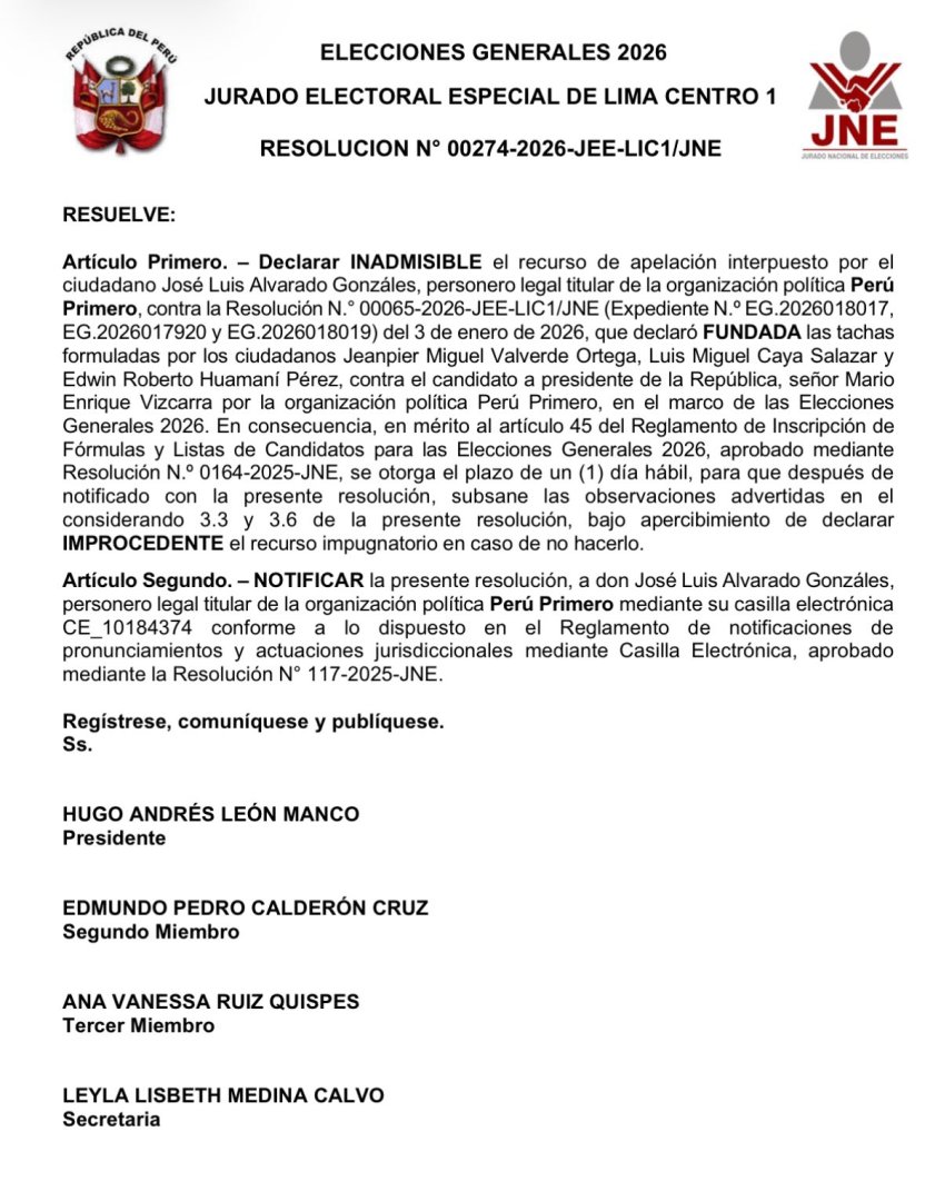Resoluci�n del JEE que declara inadmisible el recurso de apelaci�n.