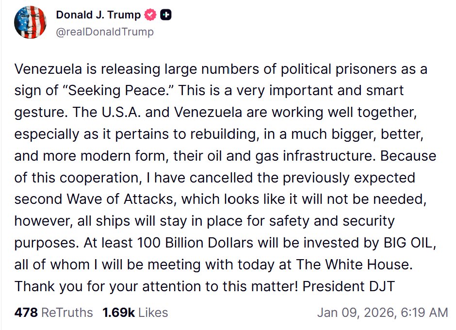 Mensaje de Trump sobre liberaci�n de presos pol�ticos en Venezuela.