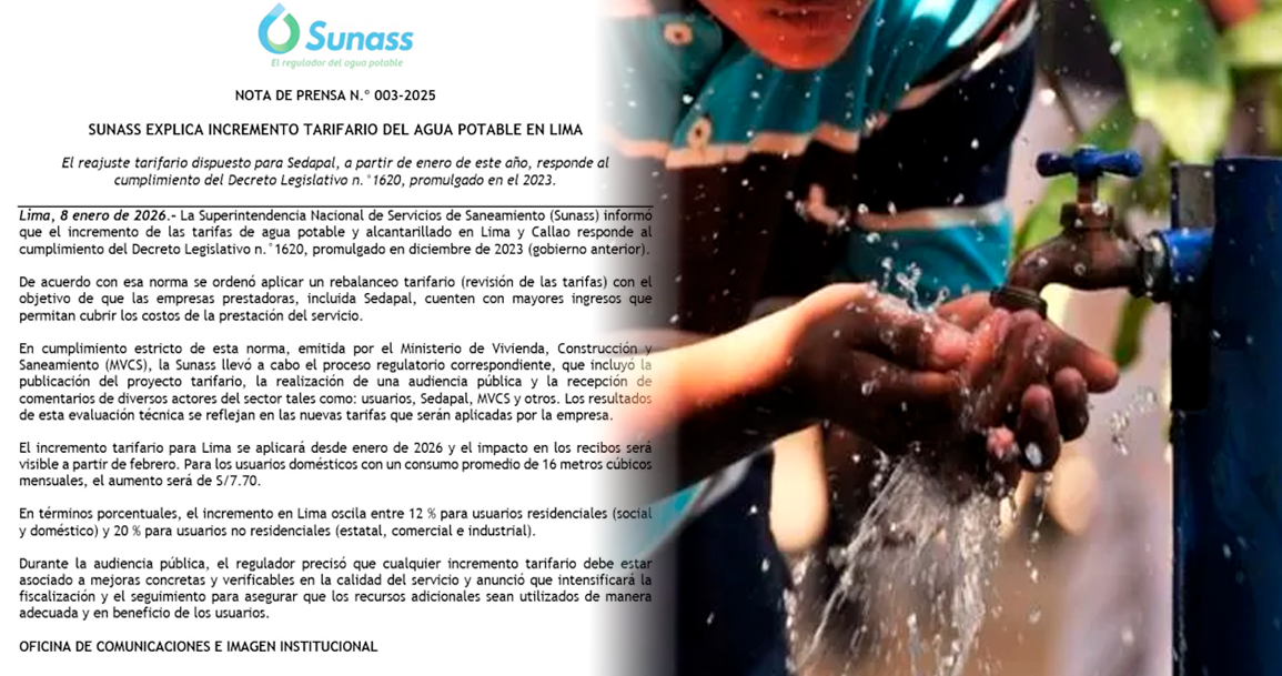 Comunicado de Sunass confirmando alza de tarifa de agua.