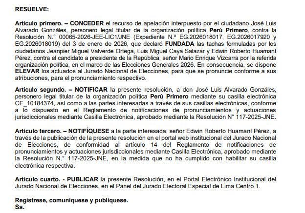 Conceden apelaci�n de tachas a Per� Primero