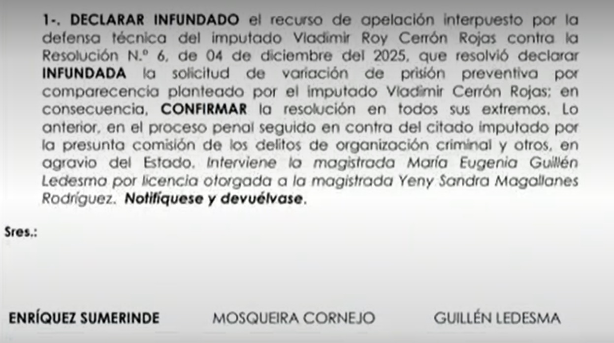 Decisión del PJ que mantiene prisión preventiva contra Vladimir Cerrón.