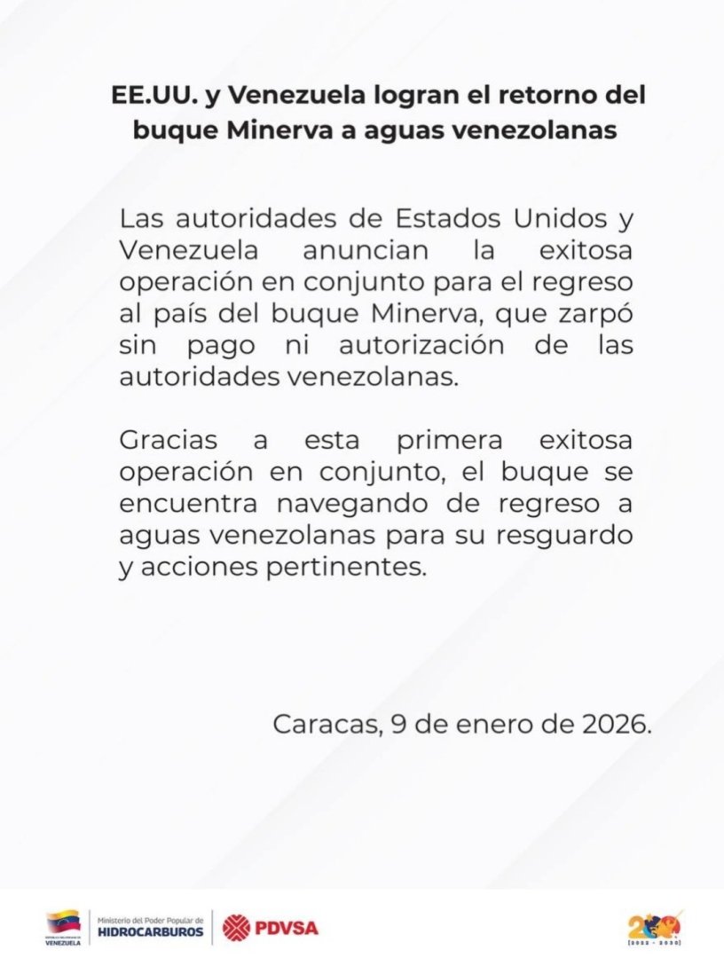 Comunicado oficial del Ministerio de Hidrocarburos de Venezuela y PDVSA.