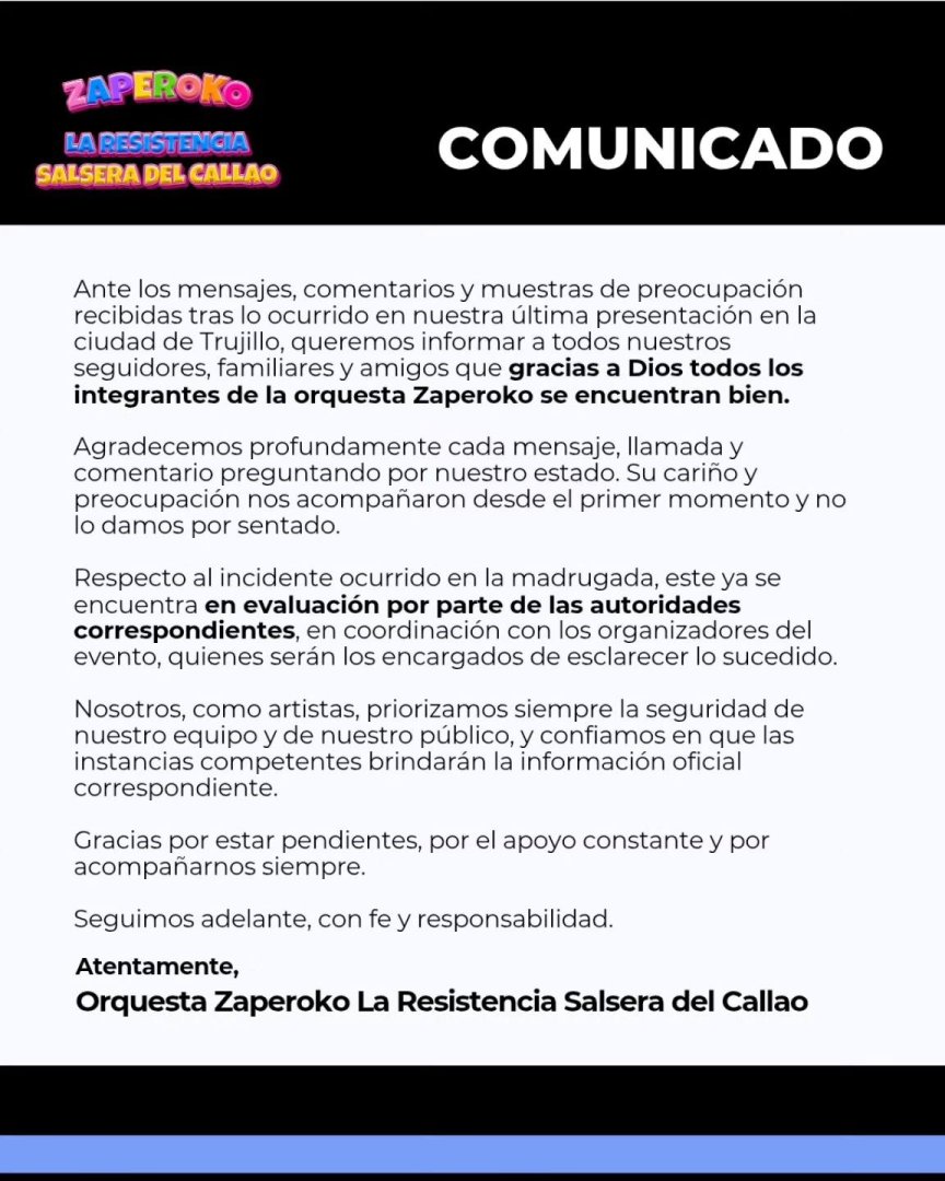 Zaperoko emiti� comunicado tras atentado sufrido en Trujillo.