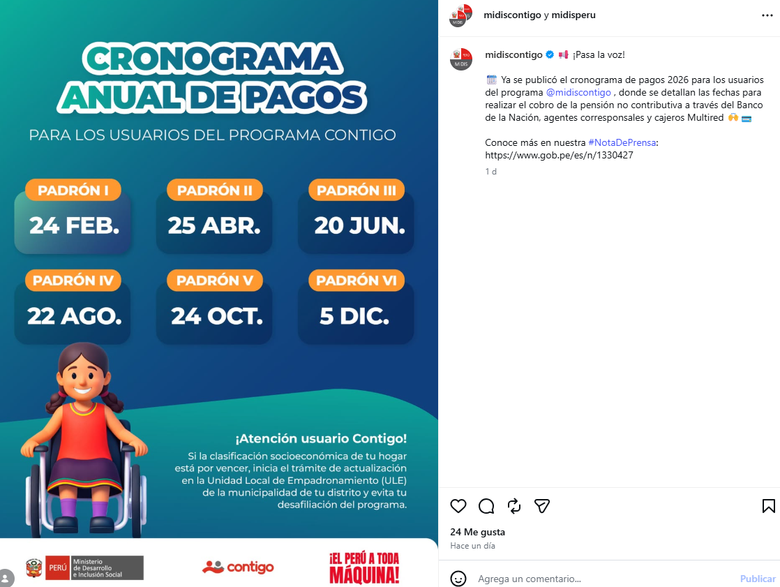 Cronograma de pagos del Programa Contigo 2026.