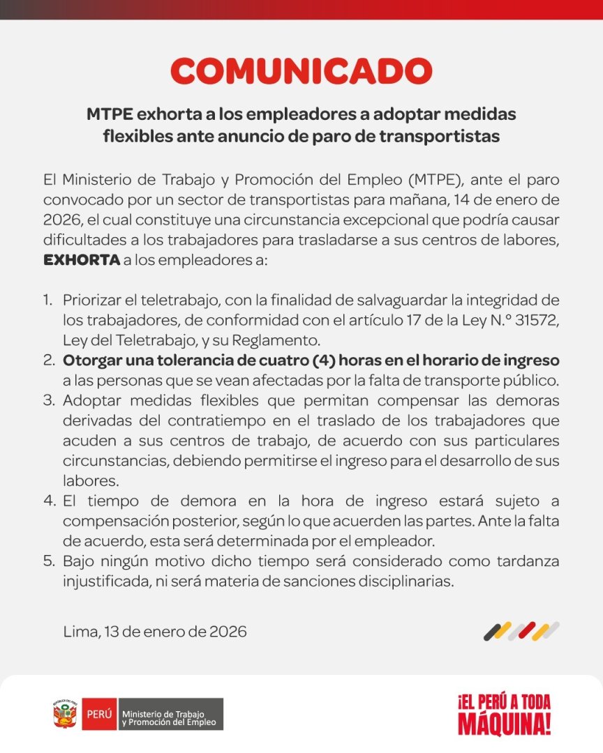 Ministerio de Trabajo otorga 4 horas de tolerancia