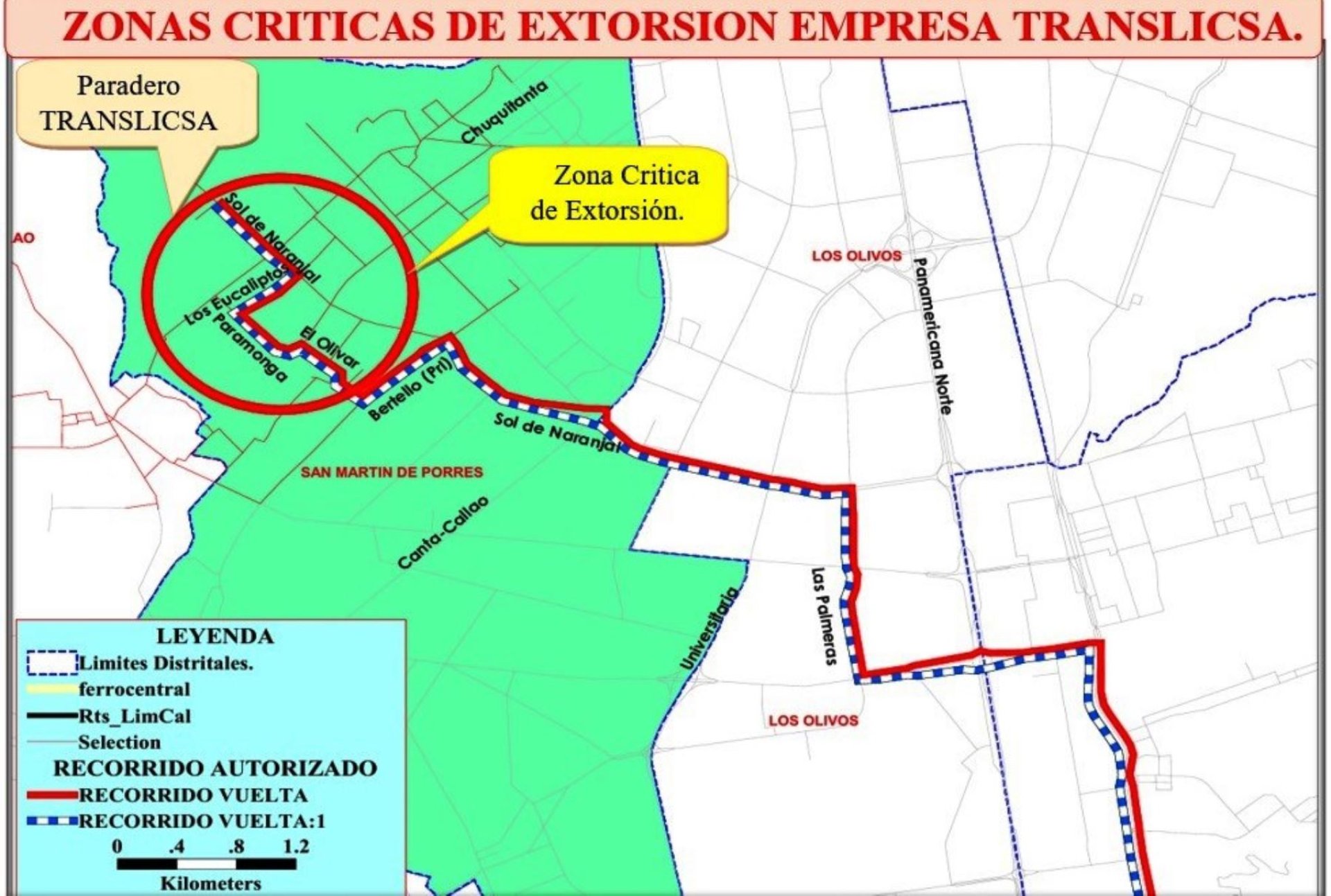 Mapa de zonas cr�ticas afectadas por extorsi�n contra empresa Translicsa.