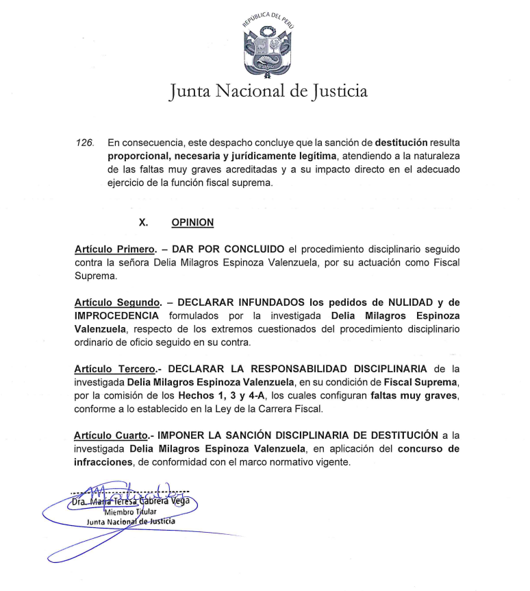 Planteamiento de Mar�a Teresa Cabrera para destituir a Delia Espinoza.