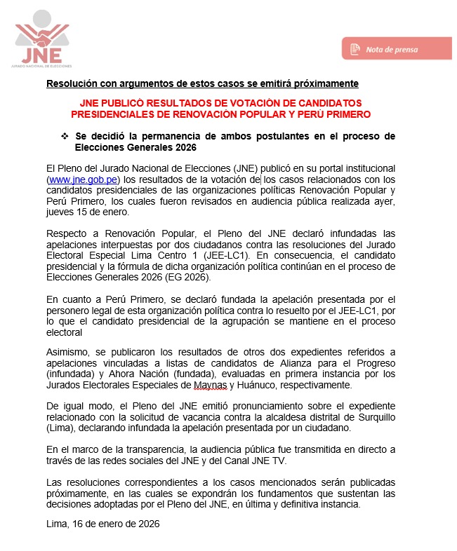 Resoluci�n del JNE revierte exclusi�n de Mario Vizcarra.