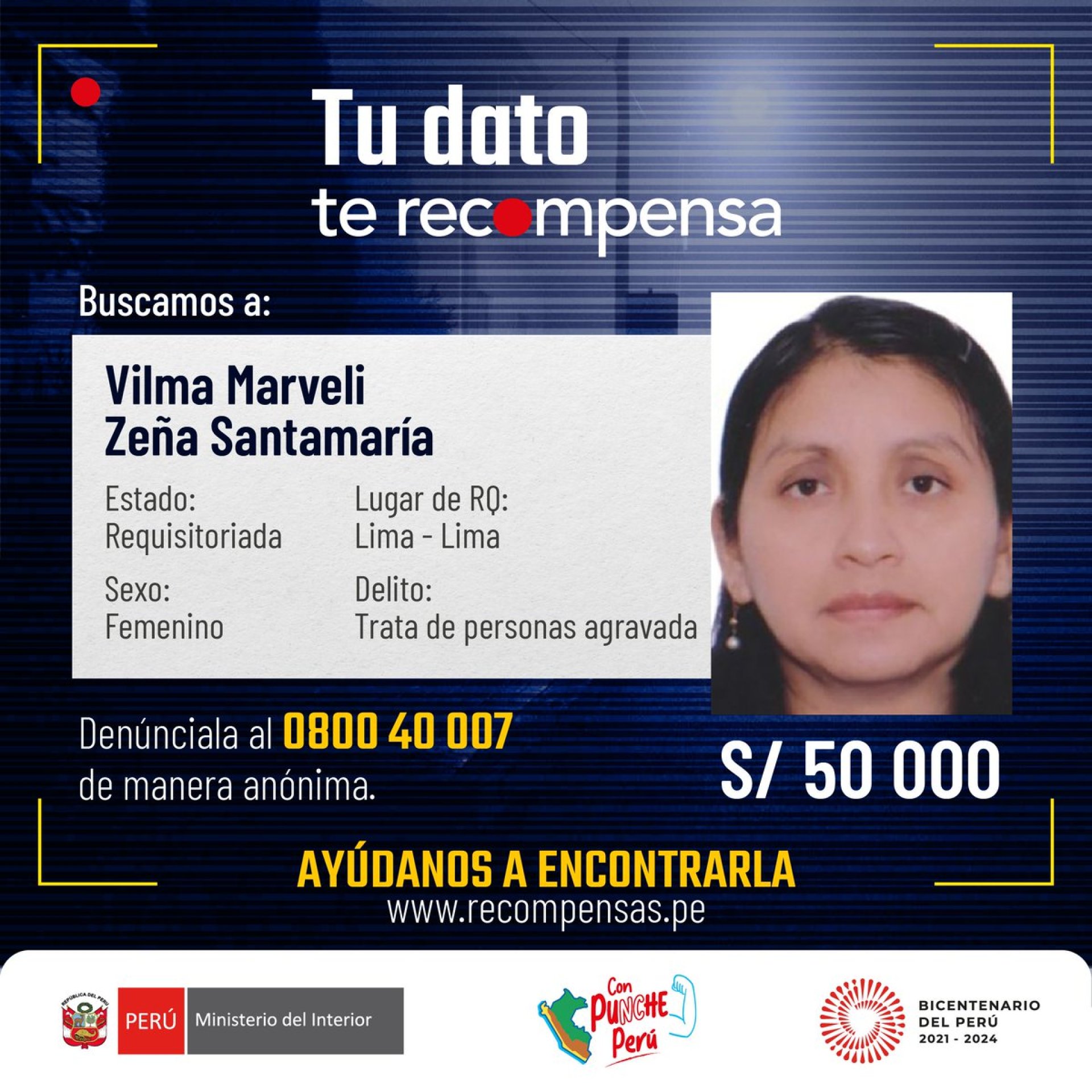 Recompensa de S/50,000 por Ze�a Santamar�a
