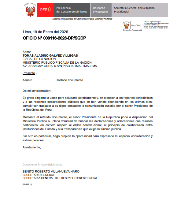 Oficio de la Secretar�a General del Despacho Presidencial.