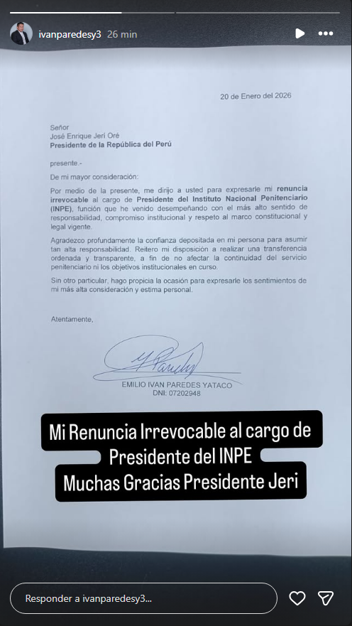 Yataco compartió su carta de renuncia a través de sus 'stories' de la red social Instagram.
